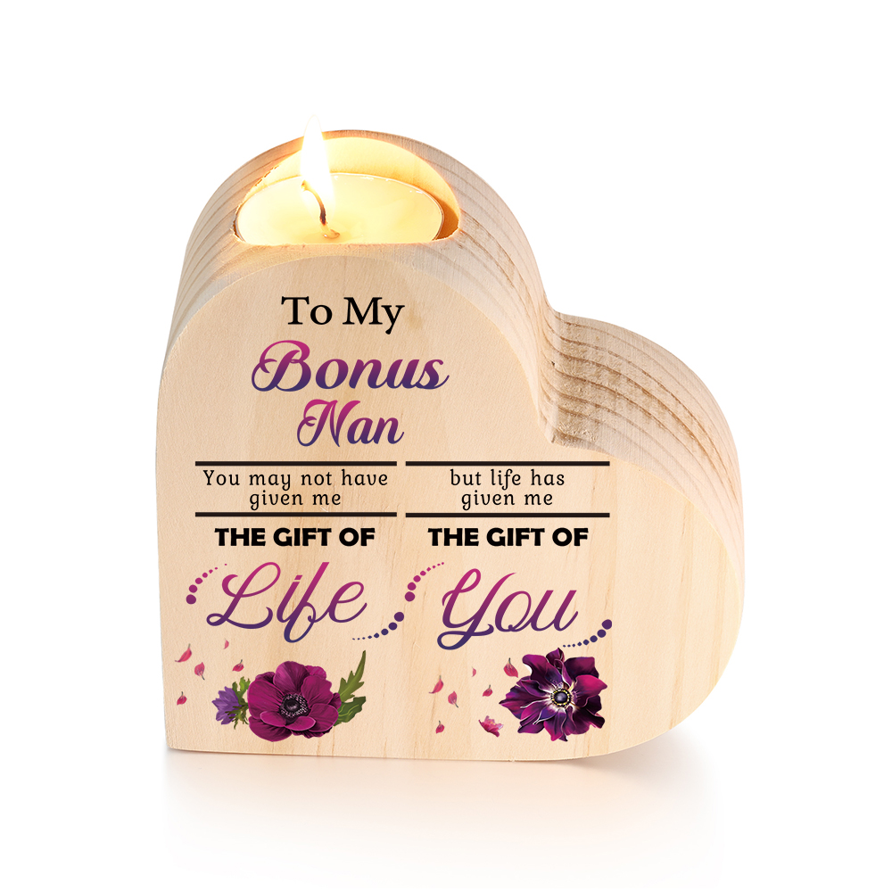 To My Bonus Nanny/Grandma/Nan Violets Heart Candlestick "Life Gave Me The Gift of You" Wooden Candle Holder-Jessemade AU