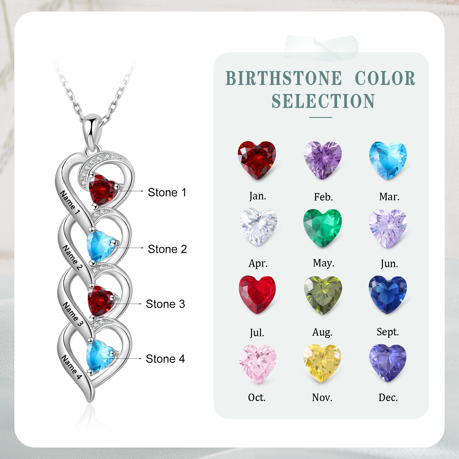 Personalised 4 Birthstones & 4 Names Necklace Custom Heart Pendant Necklace Gifts for Her-Jessemade AU
