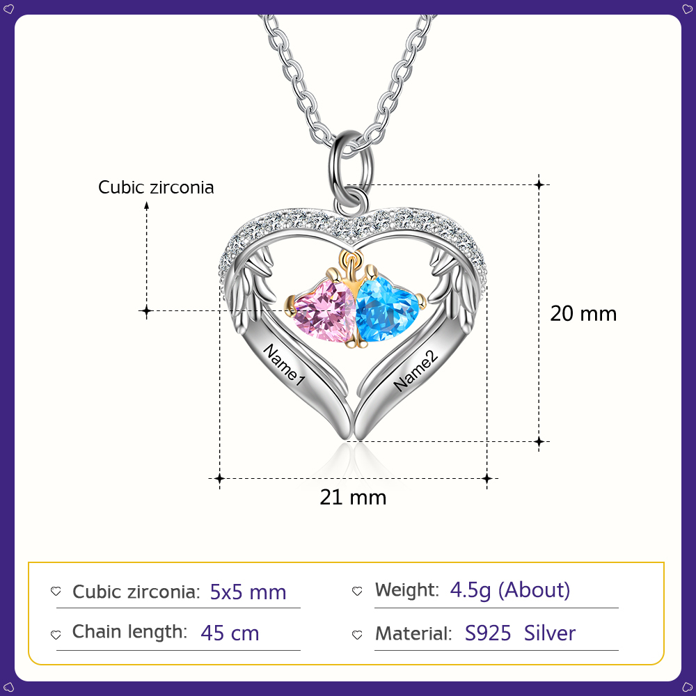 Personalised Wings Necklace With 2 Heart Birthstones Engraved Names Gift For Women-Jessemade AU