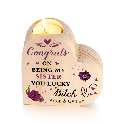 Personalised Heart Candle Holder Customised 2 Names Violet Wooden Candlestick "Congrats On Being My Sister" Funny Gift for Friend-Jessemade AU