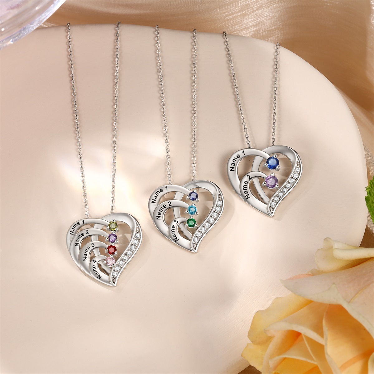 Personalised Mother Necklace Engraved 3 Names 3 Birthstone Intertwined Heart Pendant