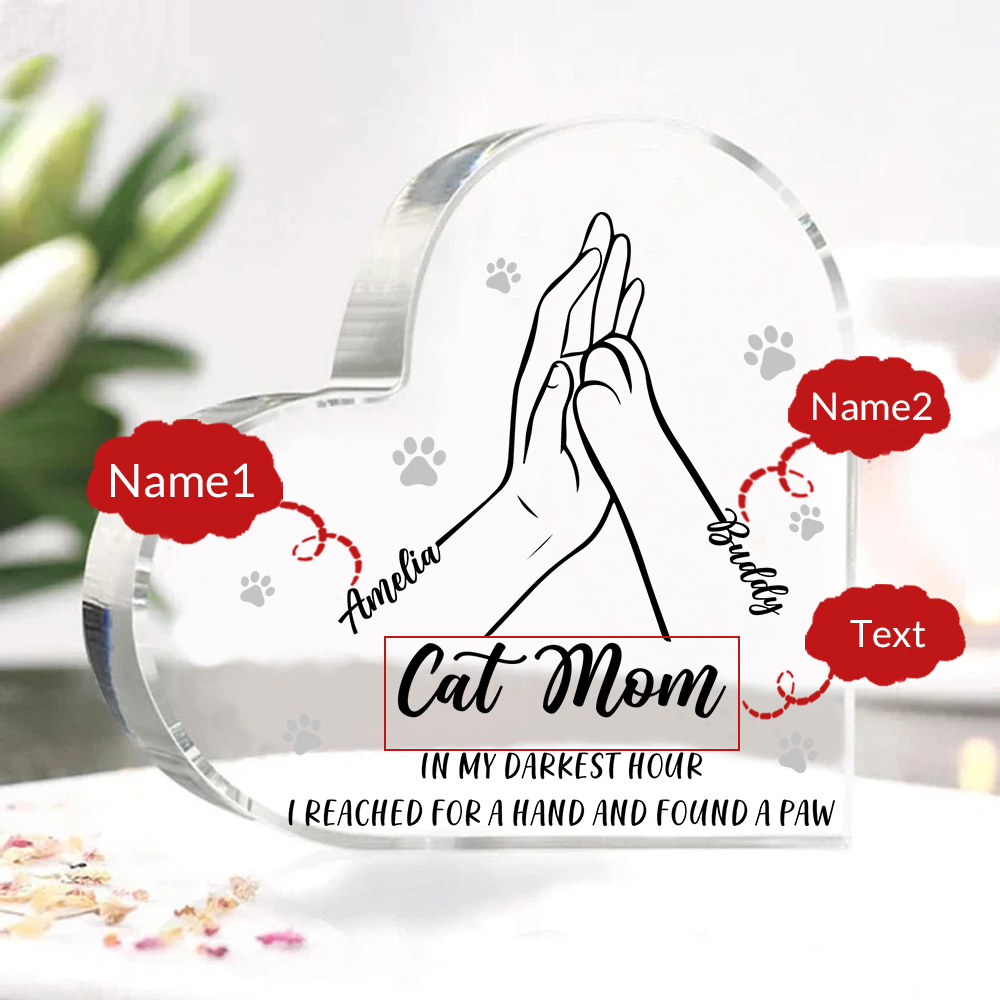 Personalised Acrylic Heart Keepsake Custom 2 Names & Text Dog/Cat Paw Ornaments Gifts for Mother/Father/Pet Lovers-Jessemade AU