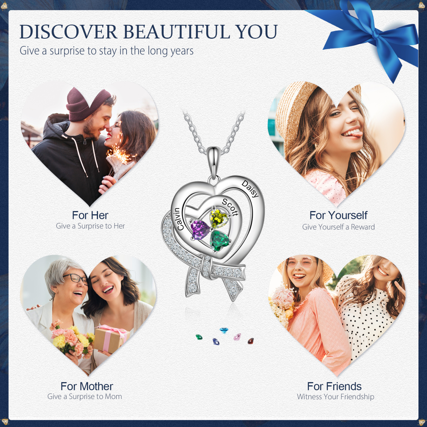 Personalised Heart Necklace With 3 Birthstones Custom Names Best Gift For Women-Jessemade AU