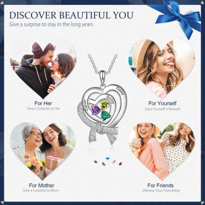 Personalised Heart Necklace With 3 Birthstones Custom Names Best Gift For Women-Jessemade AU