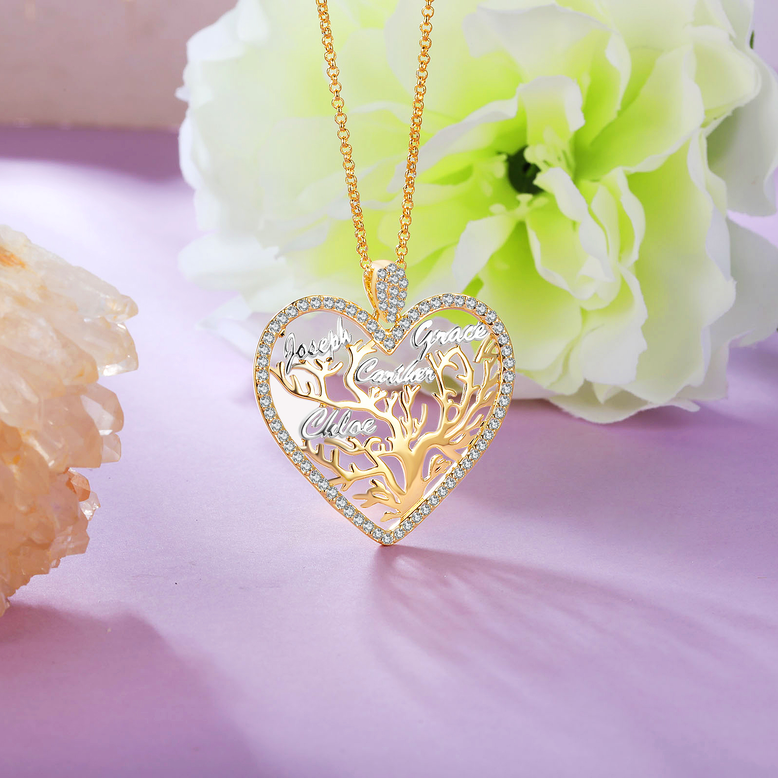 Personalised Family Tree Necklace Custom 4 Names Heart Necklace Gift For Her-Jessemade AU