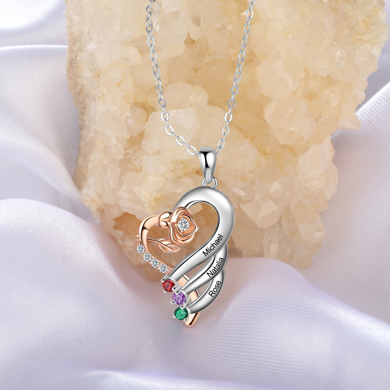 Personalised Flower Necklace With 3 Birthstones Engraved Names Necklace Gift For Women-Jessemade AU