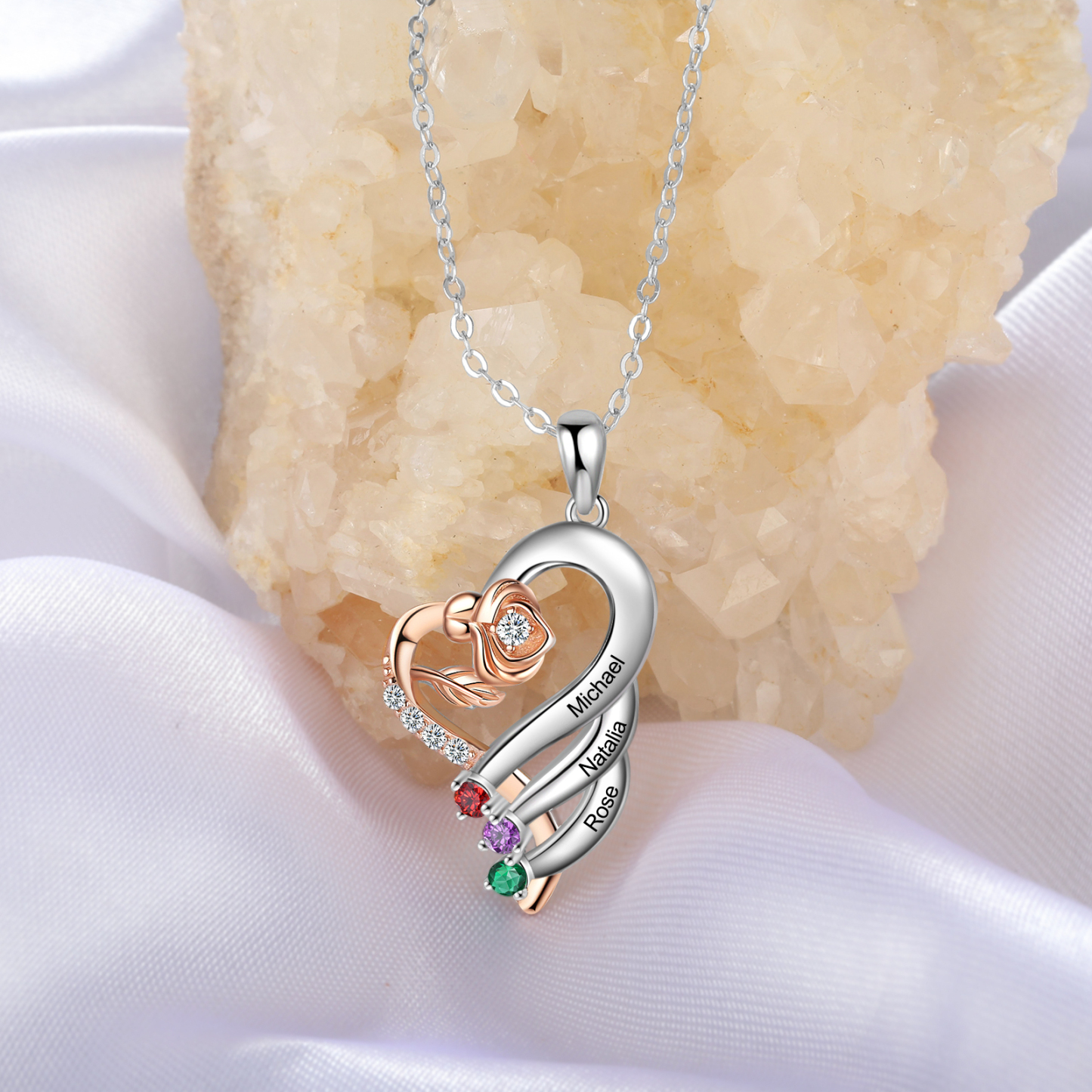 Personalised Flower Necklace With 3 Birthstones Engraved Names Necklace Gift For Women-Jessemade AU