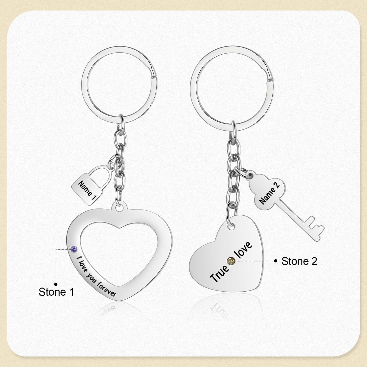 Personalised Couple Keychain Set Customised with 2 Names & 2 Birthstones Keychain Heart Matching Gift-Jessemade AU