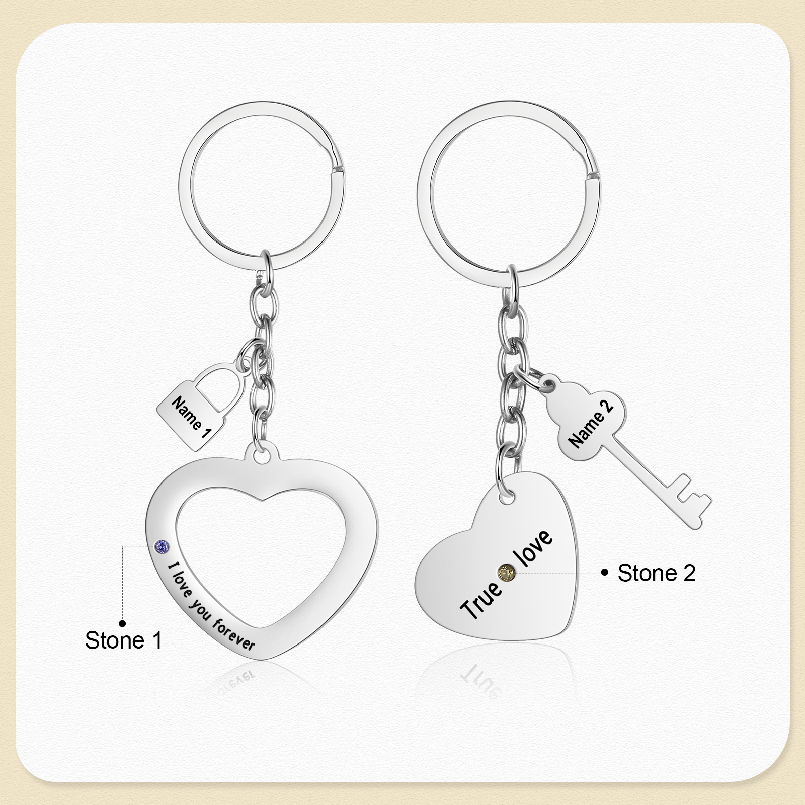 Personalised Couple Keychain Set Customised with 2 Names & 2 Birthstones Keychain Heart Matching Gift-Jessemade AU