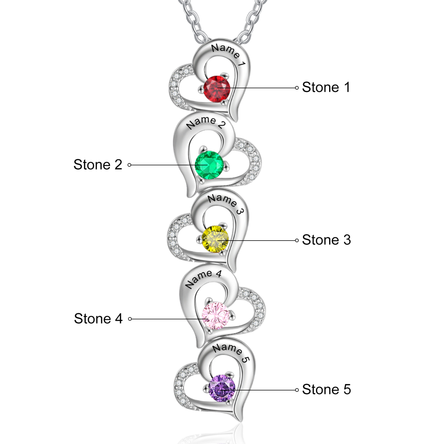Personalised Heart Necklace With 5 Birthstones Engraved Names Gift For Her-Jessemade AU