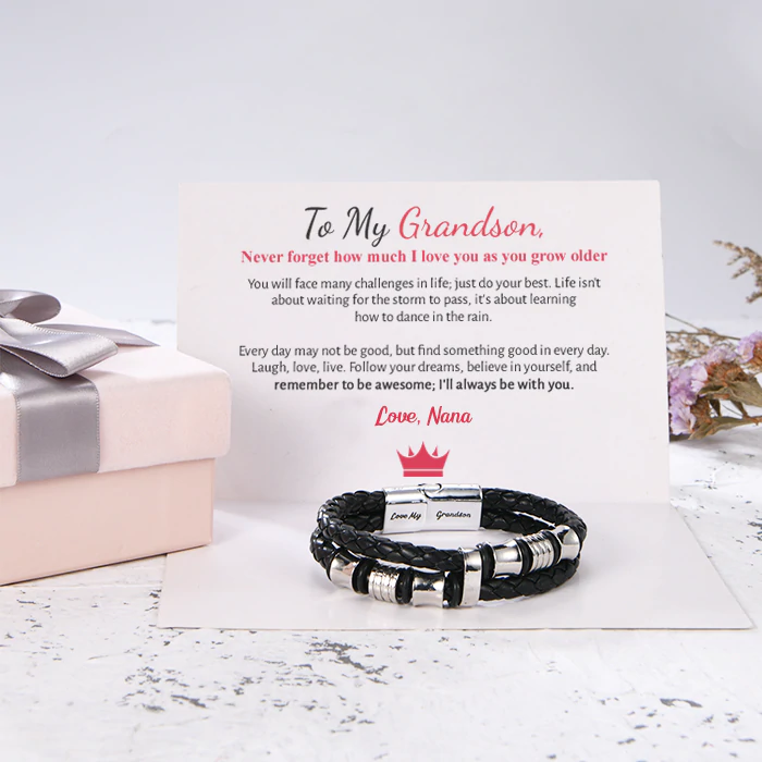 To My Grandson, Inspirational Leather Bracelet Bangle with Message Card Gifts For Man-Jessemade AU