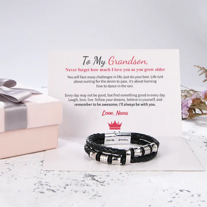 To My Grandson, Inspirational Leather Bracelet Bangle with Message Card Gifts For Man-Jessemade AU