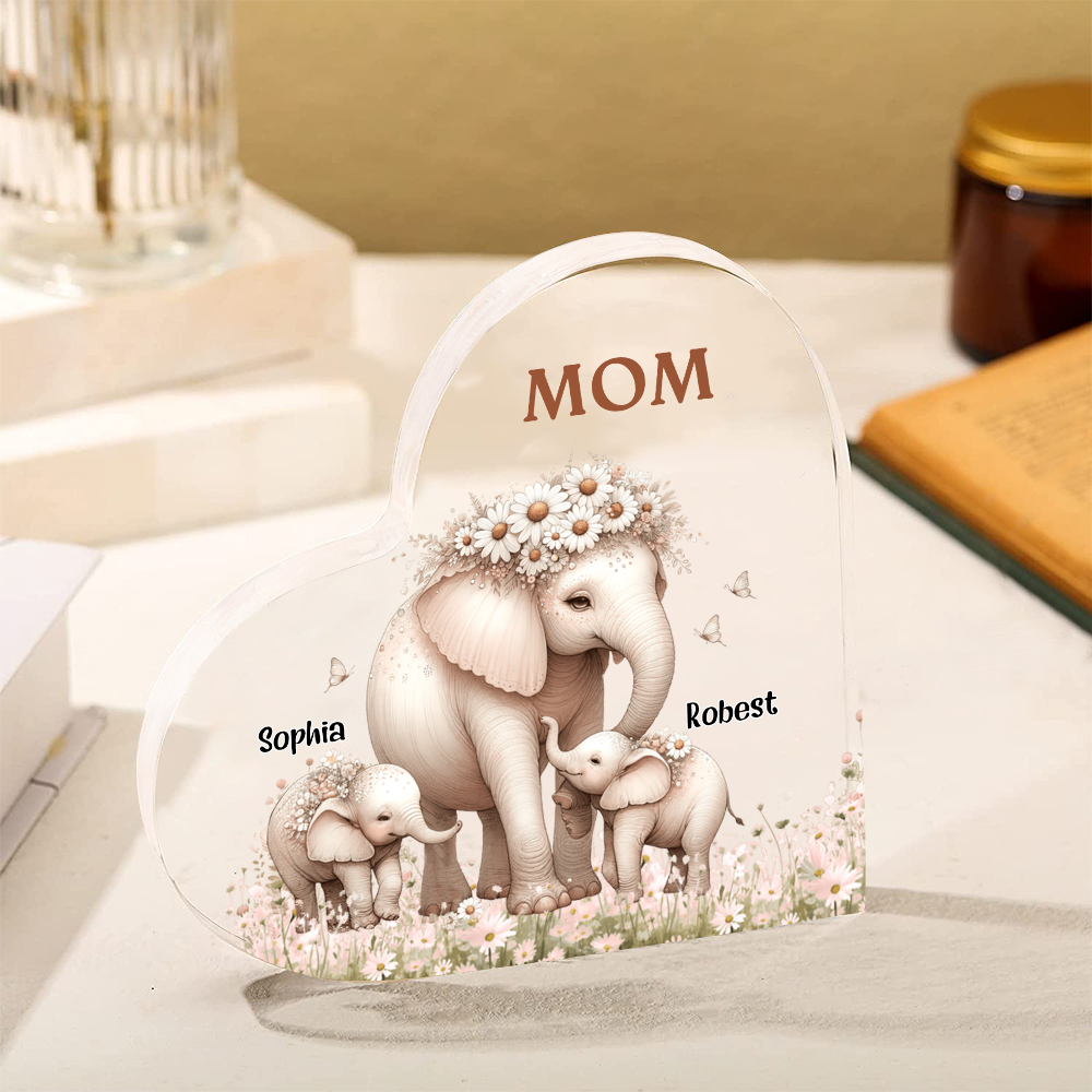 2 Names - Personalised Acrylic Heart Keepsake Custom Text Elephant Family Ornament Gifts for Mother/Grandma-Jessemade AU