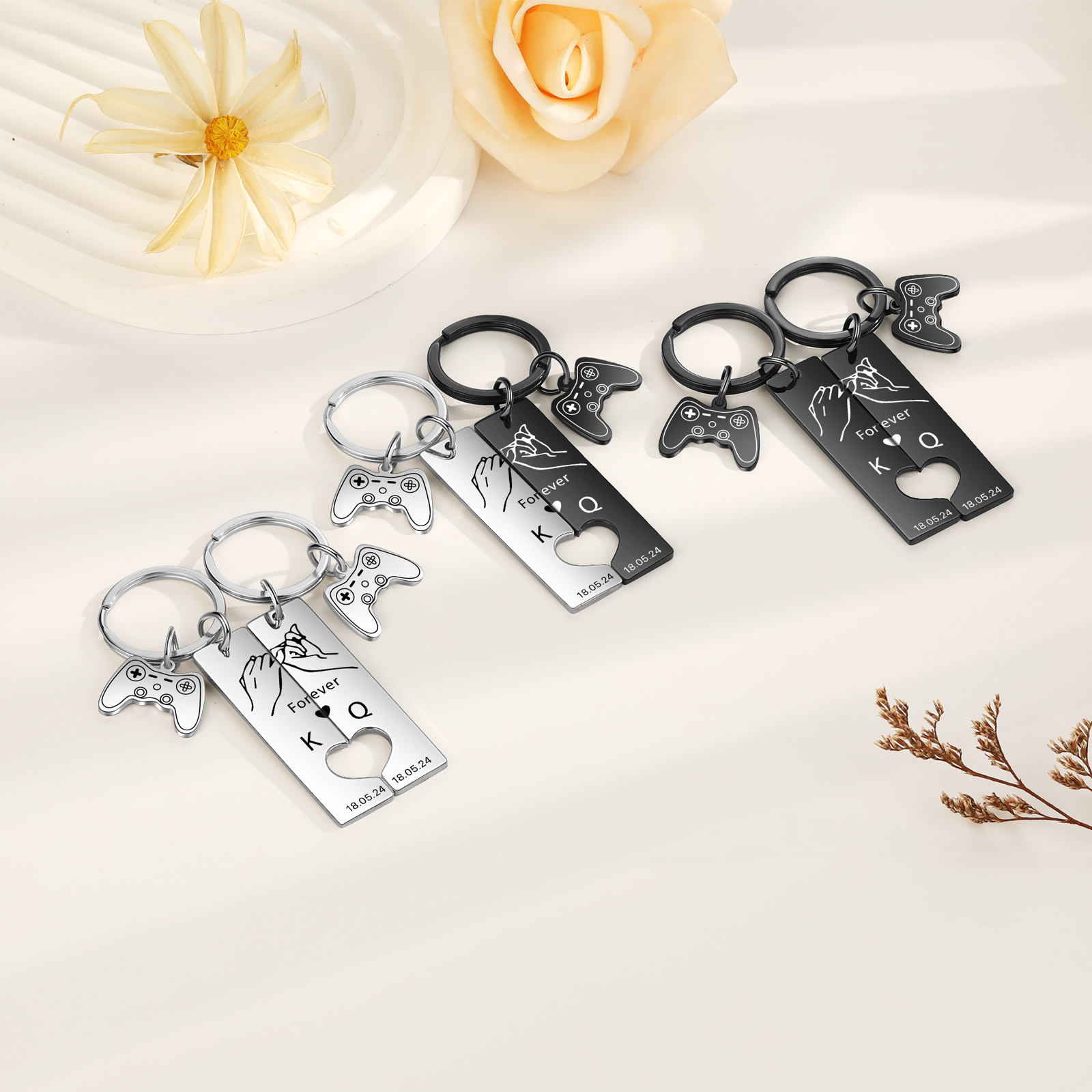 Personalised Couple Keychain Pinky Swear Custom Text & 2 Letters & Date Keyring Game Console Valentine's Day Gift for Him/Her-Jessemade AU