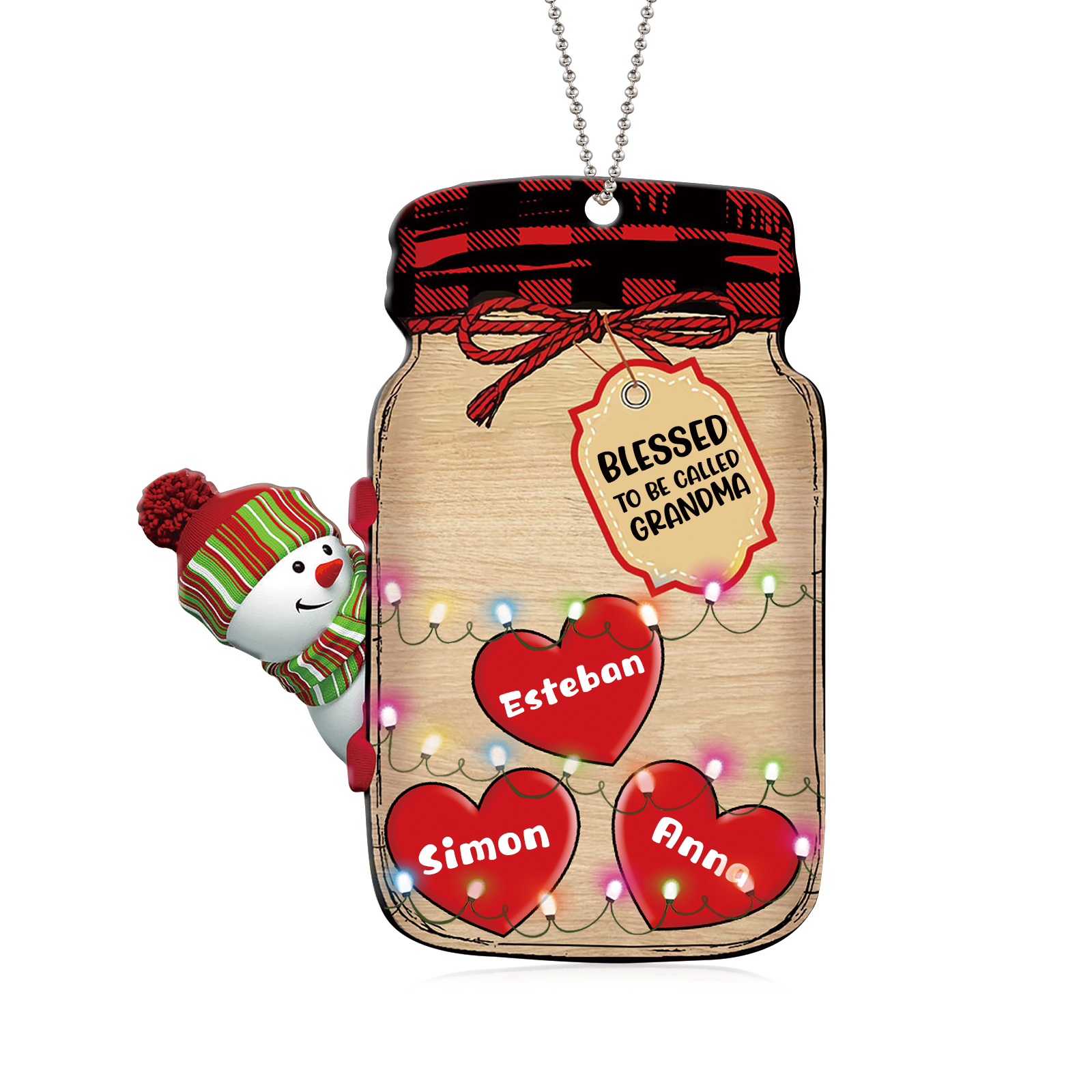 3 Names - Personalised Heart Christmas Ornament Customised Name & Text Acrylic Snowman Hanging Ornaments Jar Gift for Family-Jessemade AU