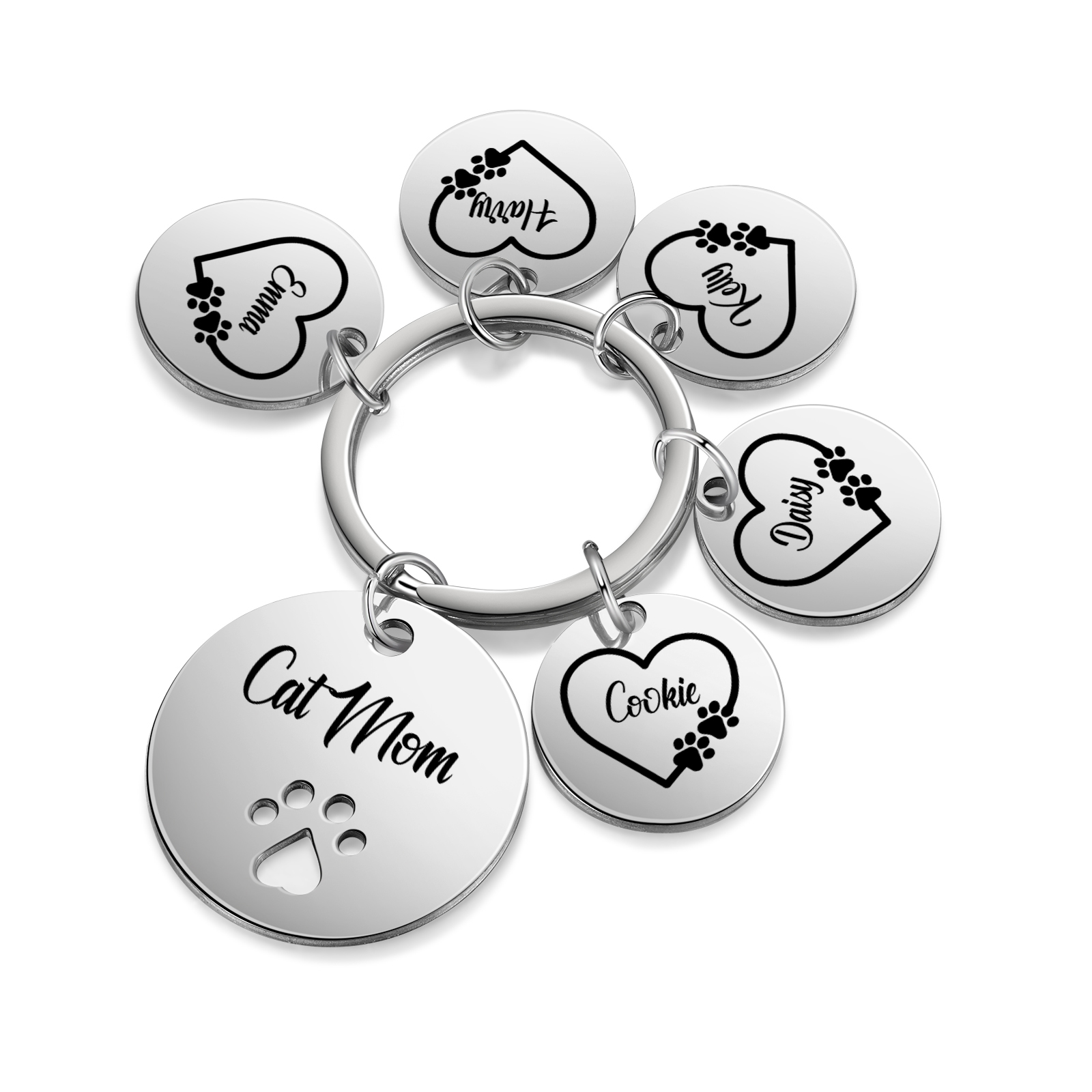 Personalised 5 Names & 1 Text Keychain Cat Paw Circle Charm Keychain Gift for Mother/Grandma-Jessemade AU
