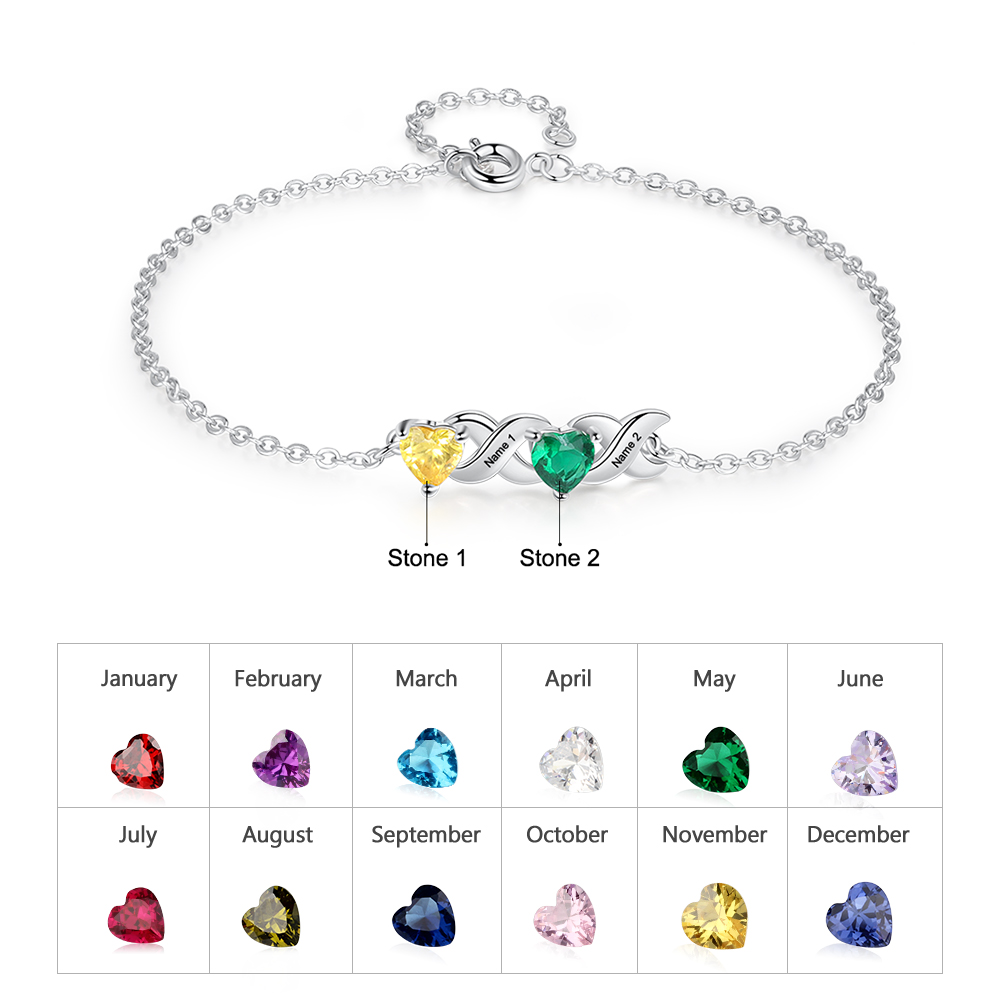 Personalised Bracelet With 2 Heart Birthstones Engraved Names Bracelet Gift For Women-Jessemade AU