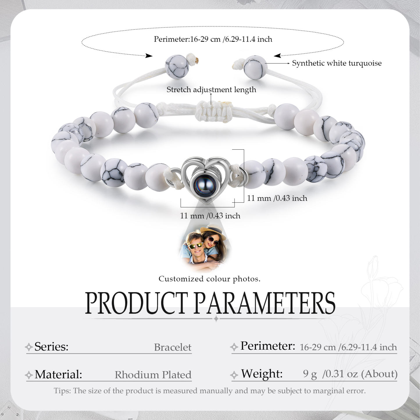 Personalised Projection Beaded Bracelet Customised Photo Bracelet White Adjustable Bracelet Personalised Gift for Couples-Jessemade AU