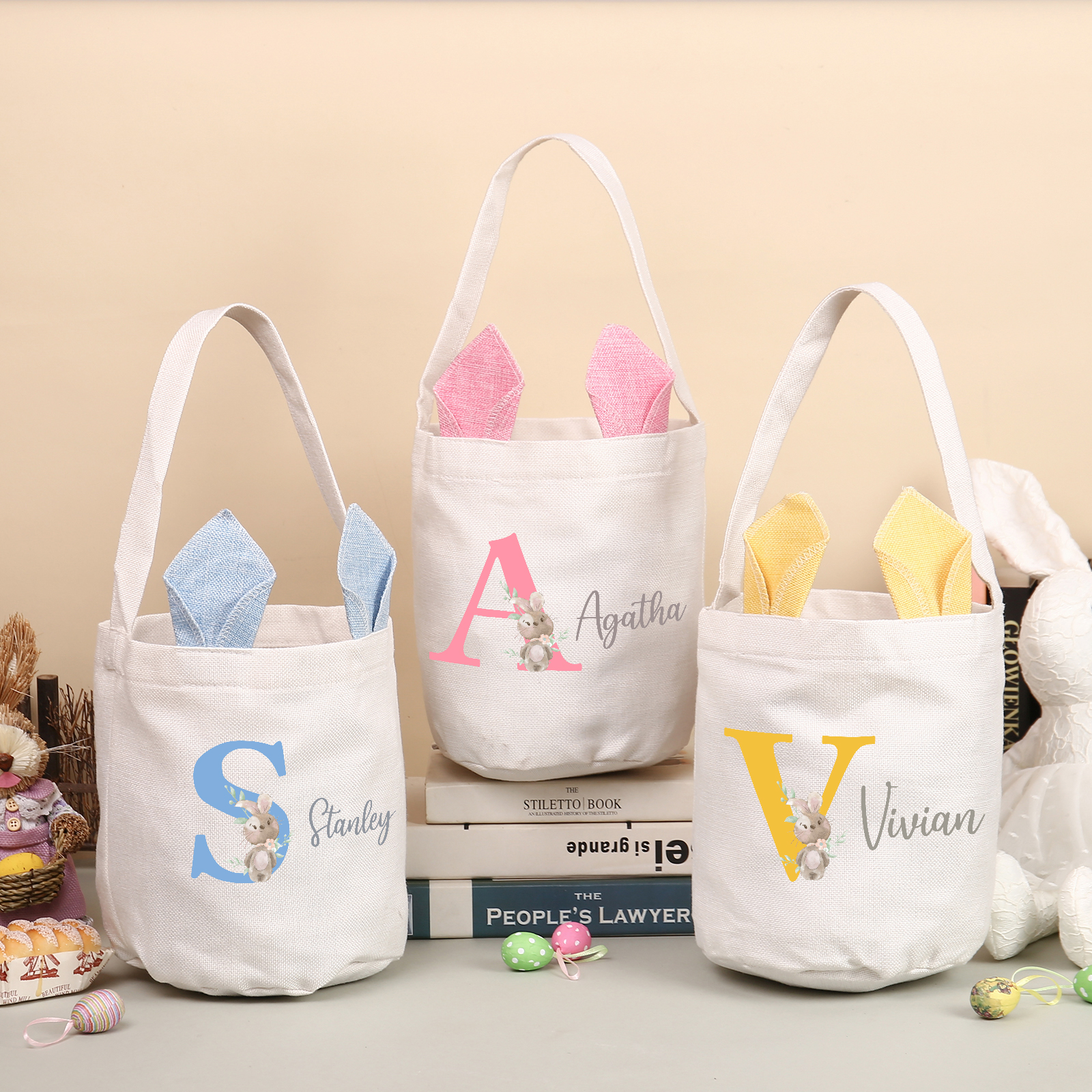 Personalised Bunny Tote Bag Custom Name & Letter Bunny Bucket Bag Easter Gifts for Kids-Jessemade AU