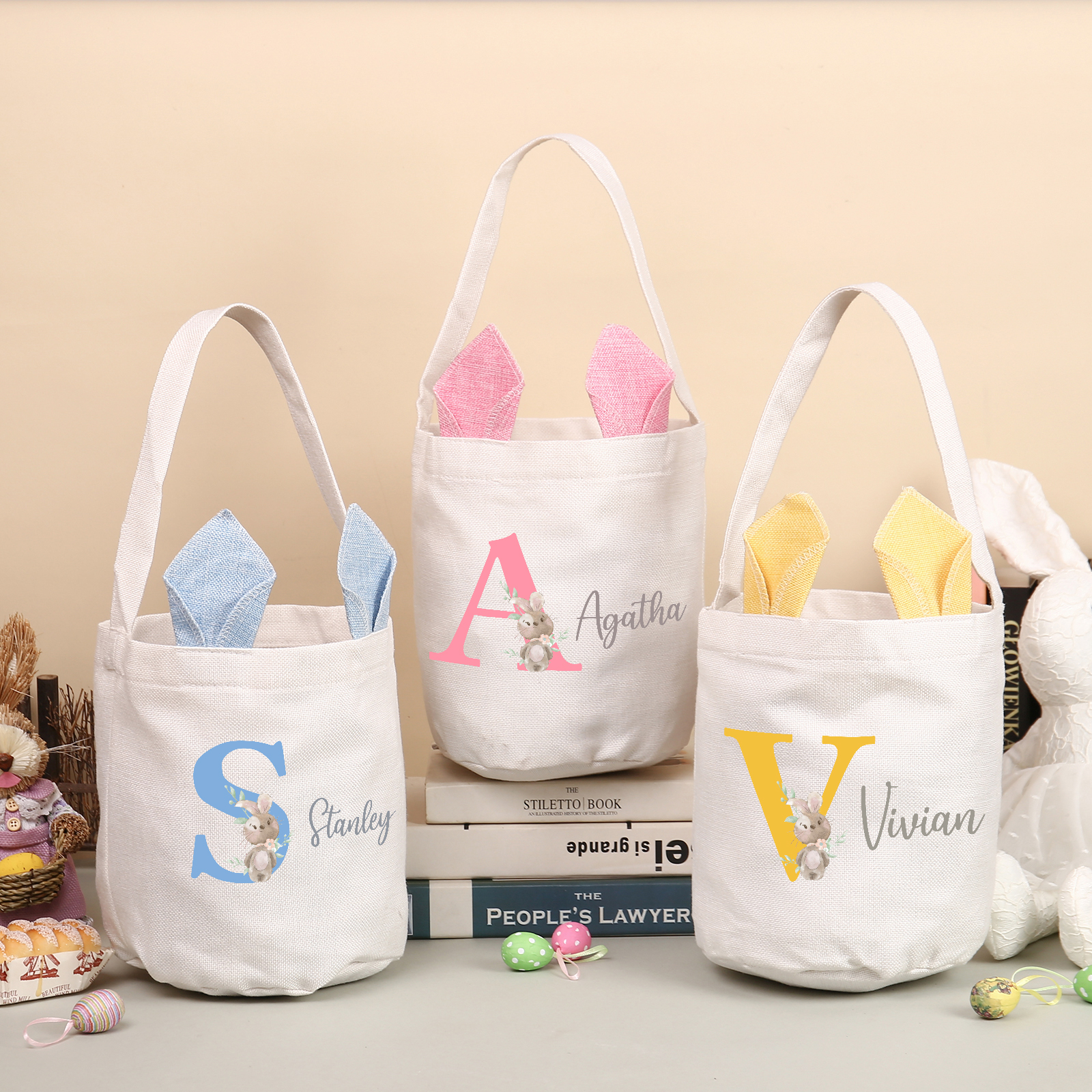 Personalised Bunny Tote Bag Custom Name & Letter Bunny Bucket Bag Easter Gifts for Kids-Jessemade AU