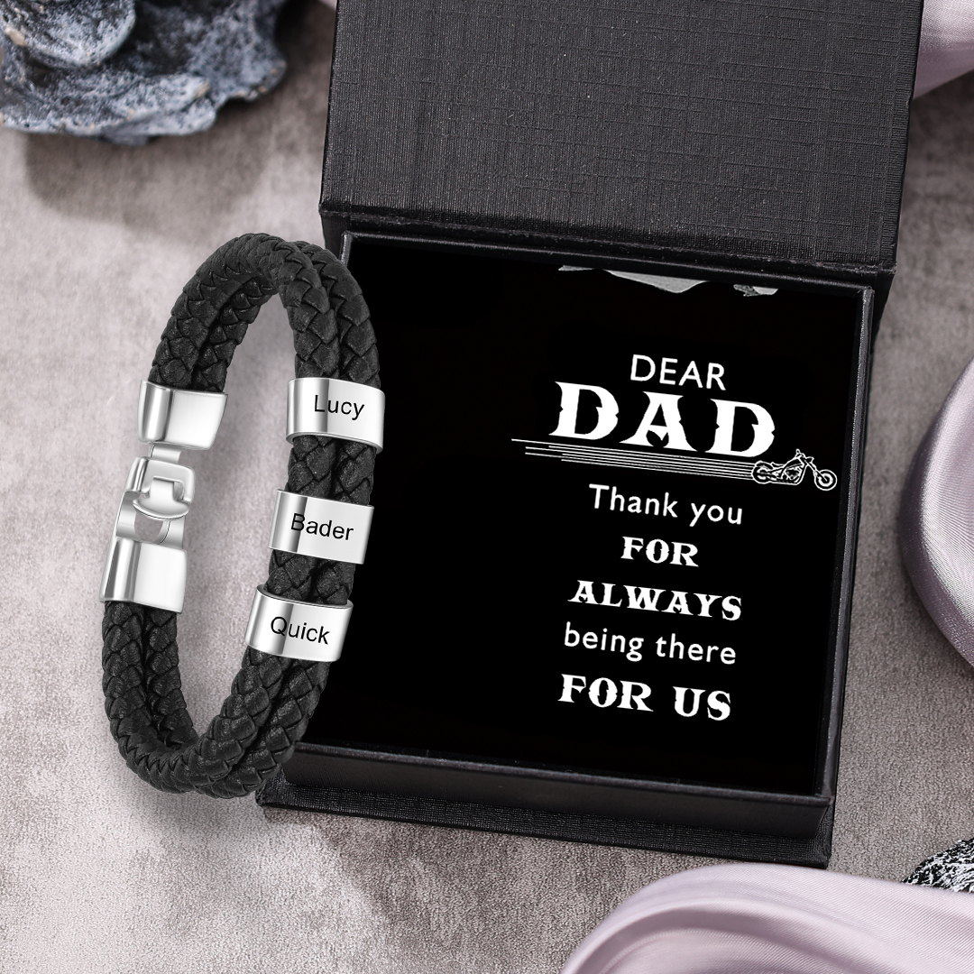 Men Leather Bracelet Personalised with 3 Engraved Beads Custom Two Layers Bracelet-Jessemade AU