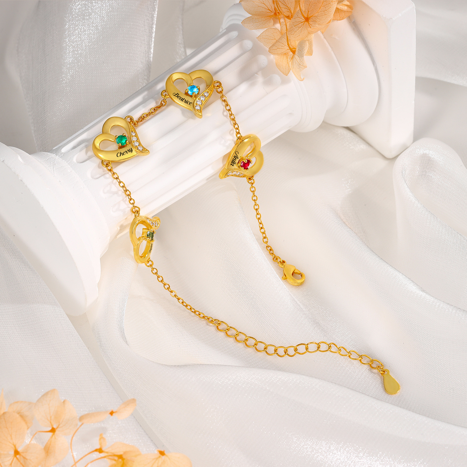 4 Names - Personalised Heart Bracelet Custom Names & Birthstones Bracelets Valentine's Day Gift For Her-Jessemade AU