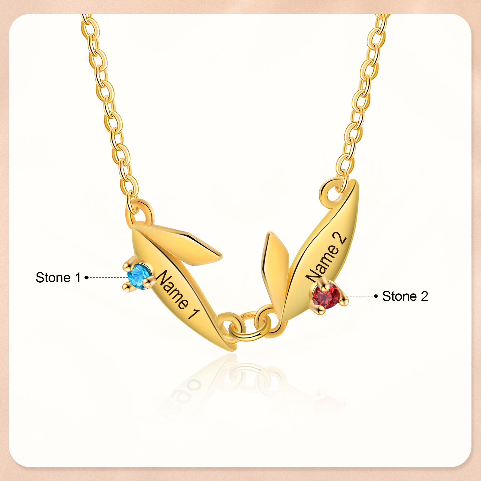 Personalised Leaves Pendant Necklace Custom 2 Names & 2 Birthstones Necklace Gifts for Her-Jessemade AU
