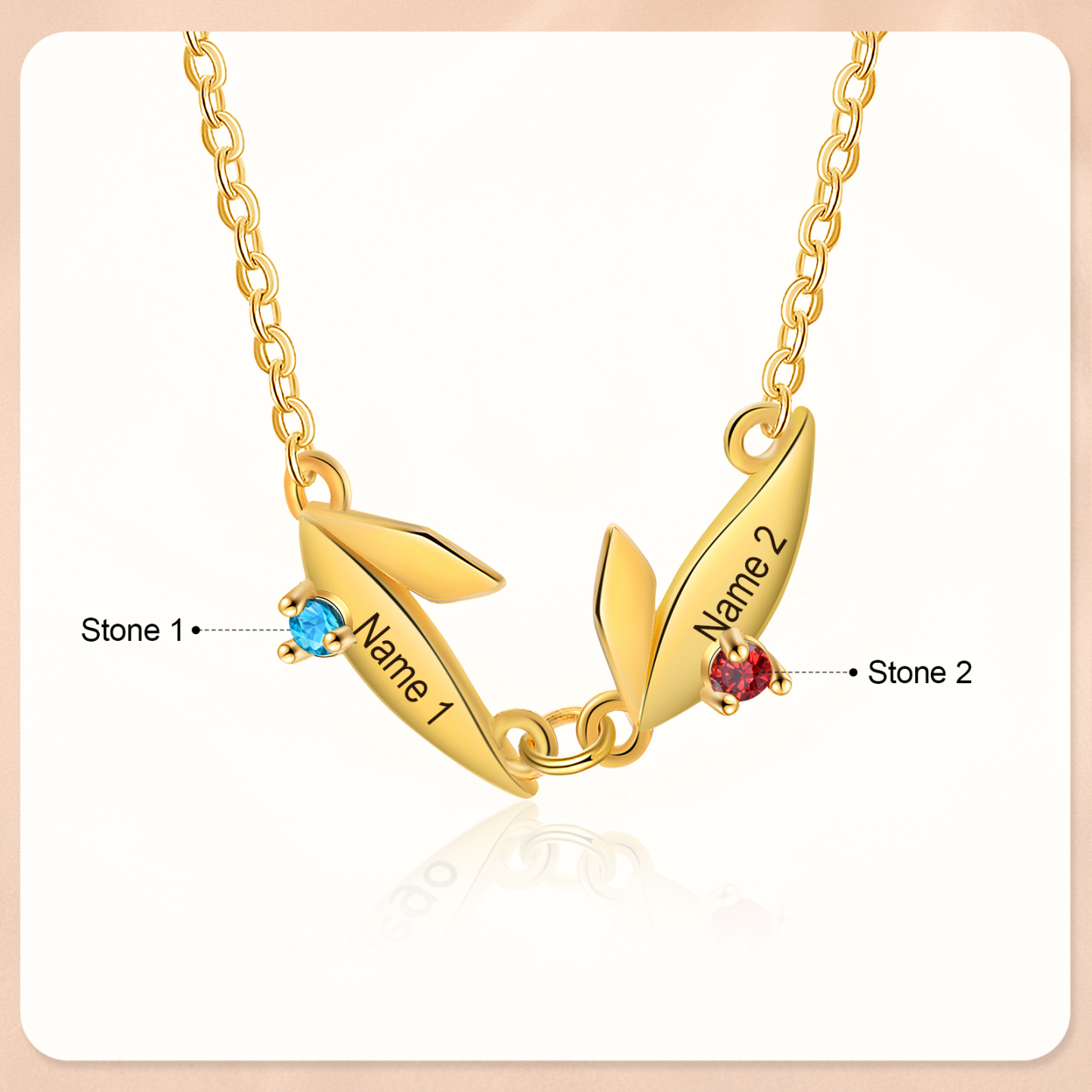 Personalised Leaves Pendant Necklace Custom 2 Names & 2 Birthstones Necklace Gifts for Her-Jessemade AU
