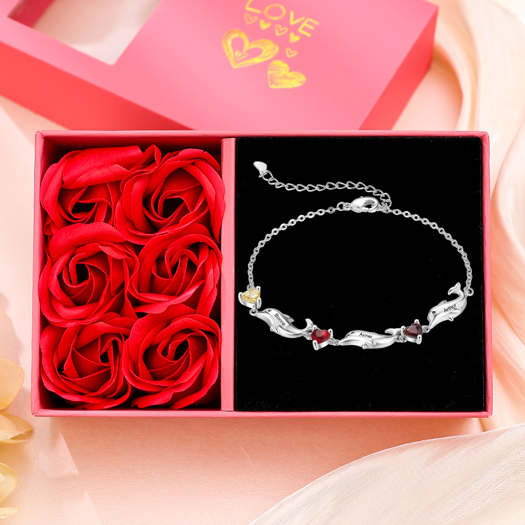 Dolphin Bracelet Personalised 3 Birthstones & 3 Names Women Bracelet-Jessemade AU