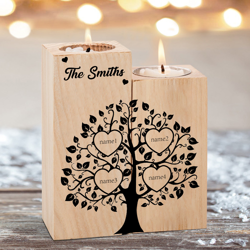 Family Name Wooden Heart Candle Holder Custom 4 Names Family Tree Candlesticks-Jessemade AU
