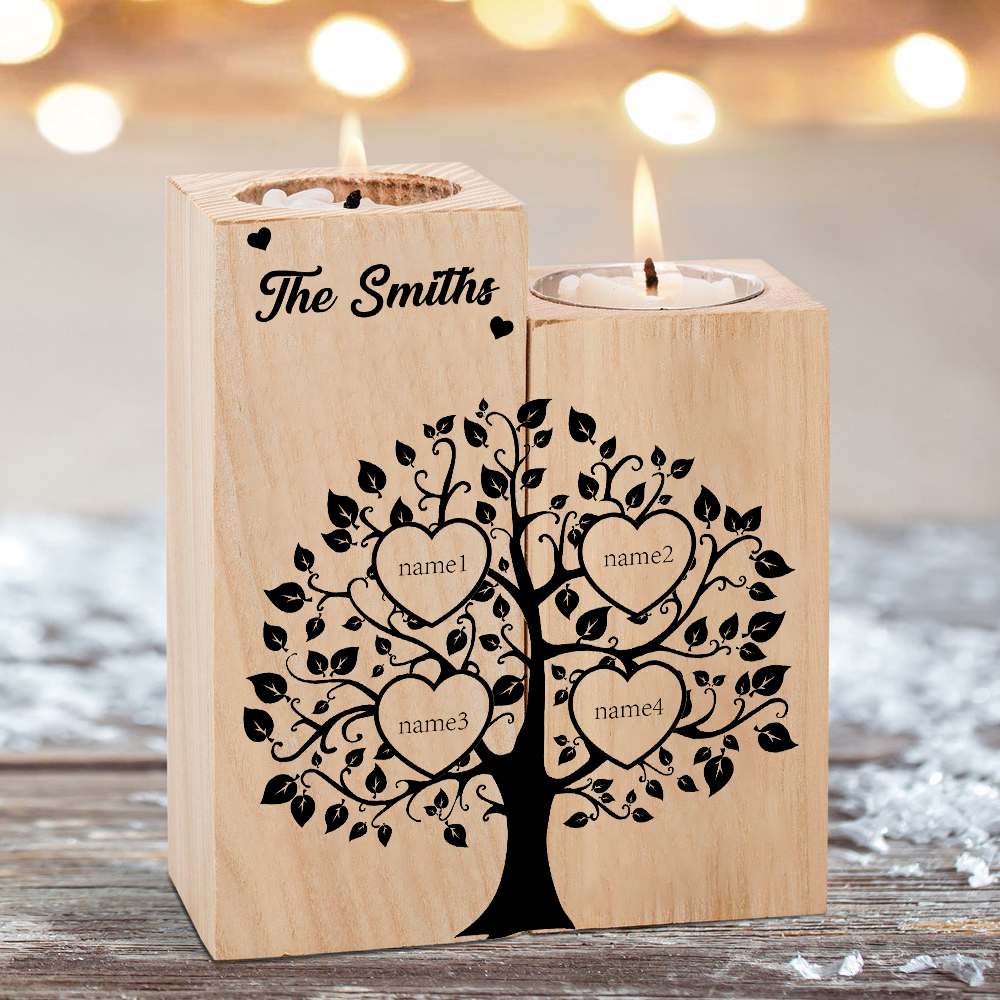 Family Name Wooden Heart Candle Holder Custom 4 Names Family Tree Candlesticks-Jessemade AU