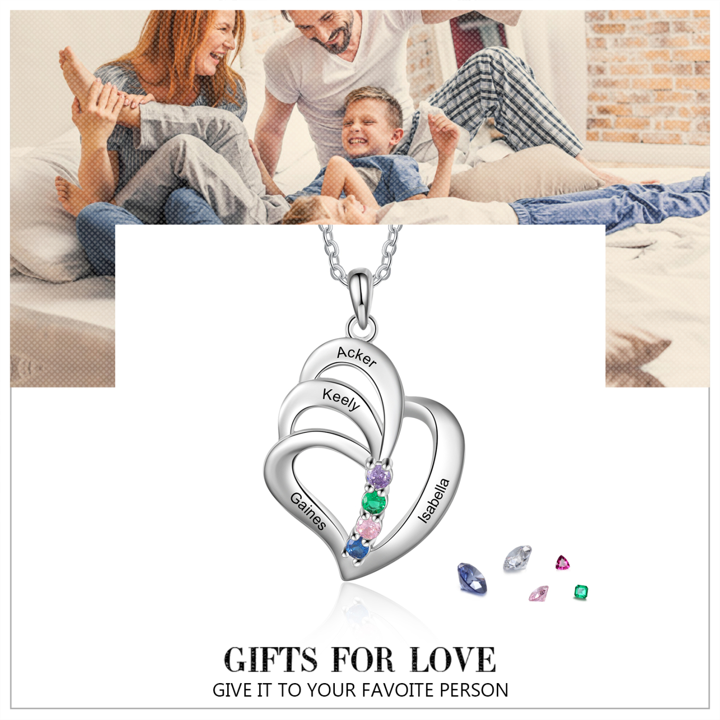 Personalised Heart Necklace With 4 Birthstones Engraved Names Gift For Her-Jessemade AU