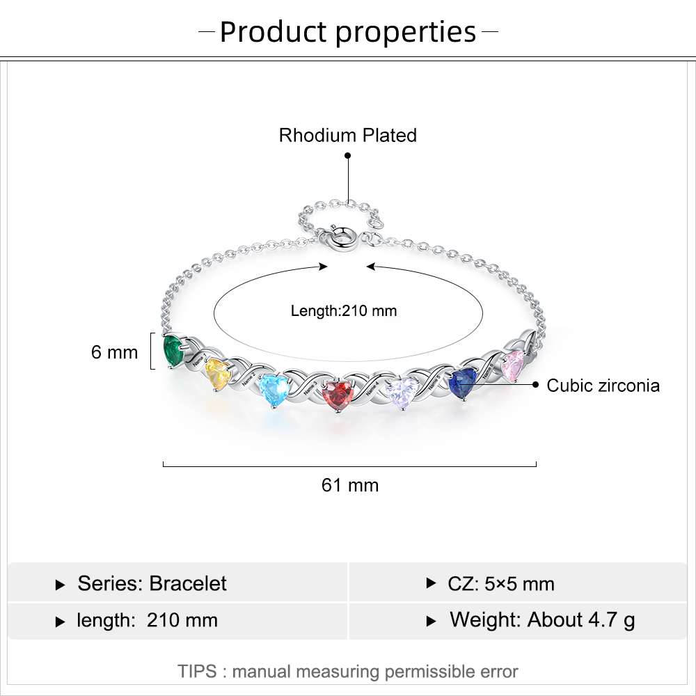 Family Custom Bracelet Heart Personalised with 7 Birthstones Gift Box Set-Jessemade AU