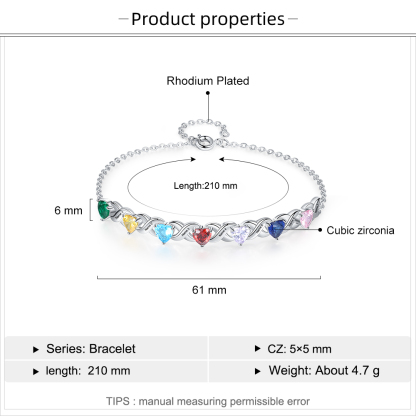 Personalised Bracelet With 7 Heart Birthstones Engraved Names Bracelet Gift For Women-Jessemade AU