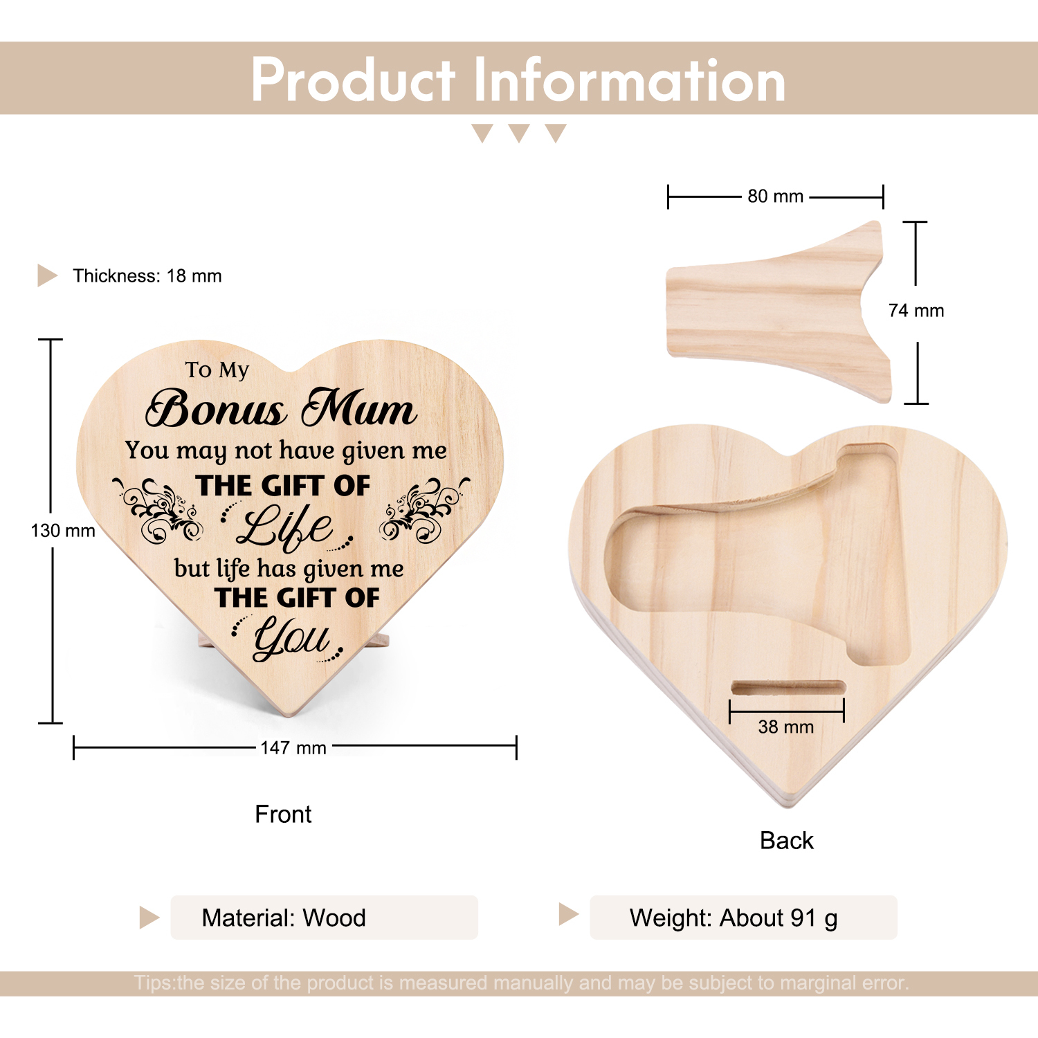 To My Bonus Mum "Life Has Given Me The Gift Of You" Wooden Heart Keepsake Desktop Ornament-Jessemade AU