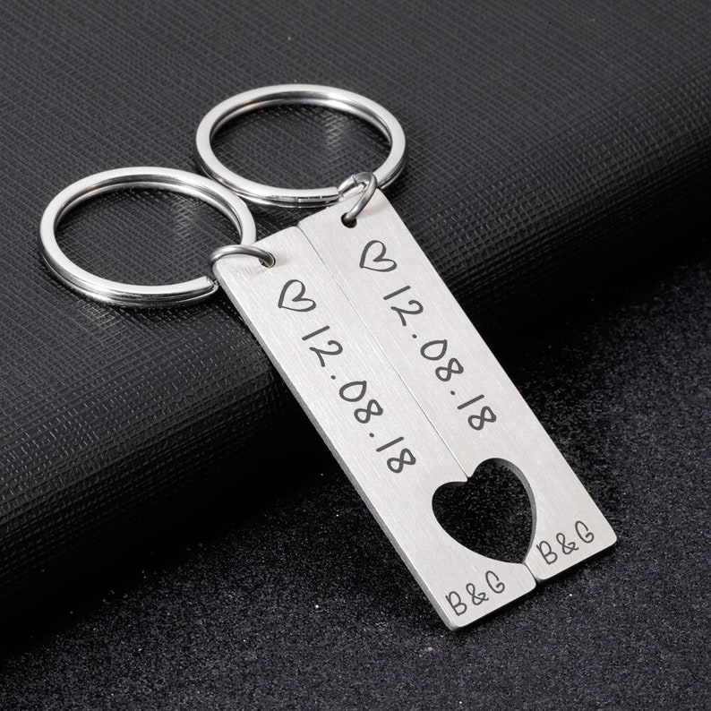 To My Man/My Love Heart Keychain Set Personalised Date Initial Keyring Matching Couple Gifts-Jessemade AU