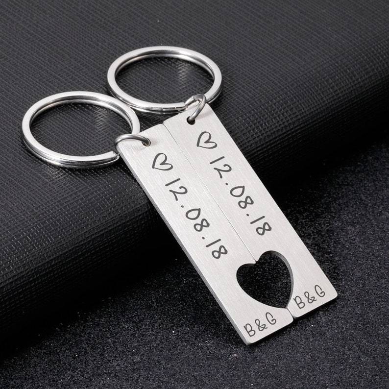 To My Man/My Love Heart Keychain Set Personalised Date Initial Keyring Matching Couple Gifts-Jessemade AU