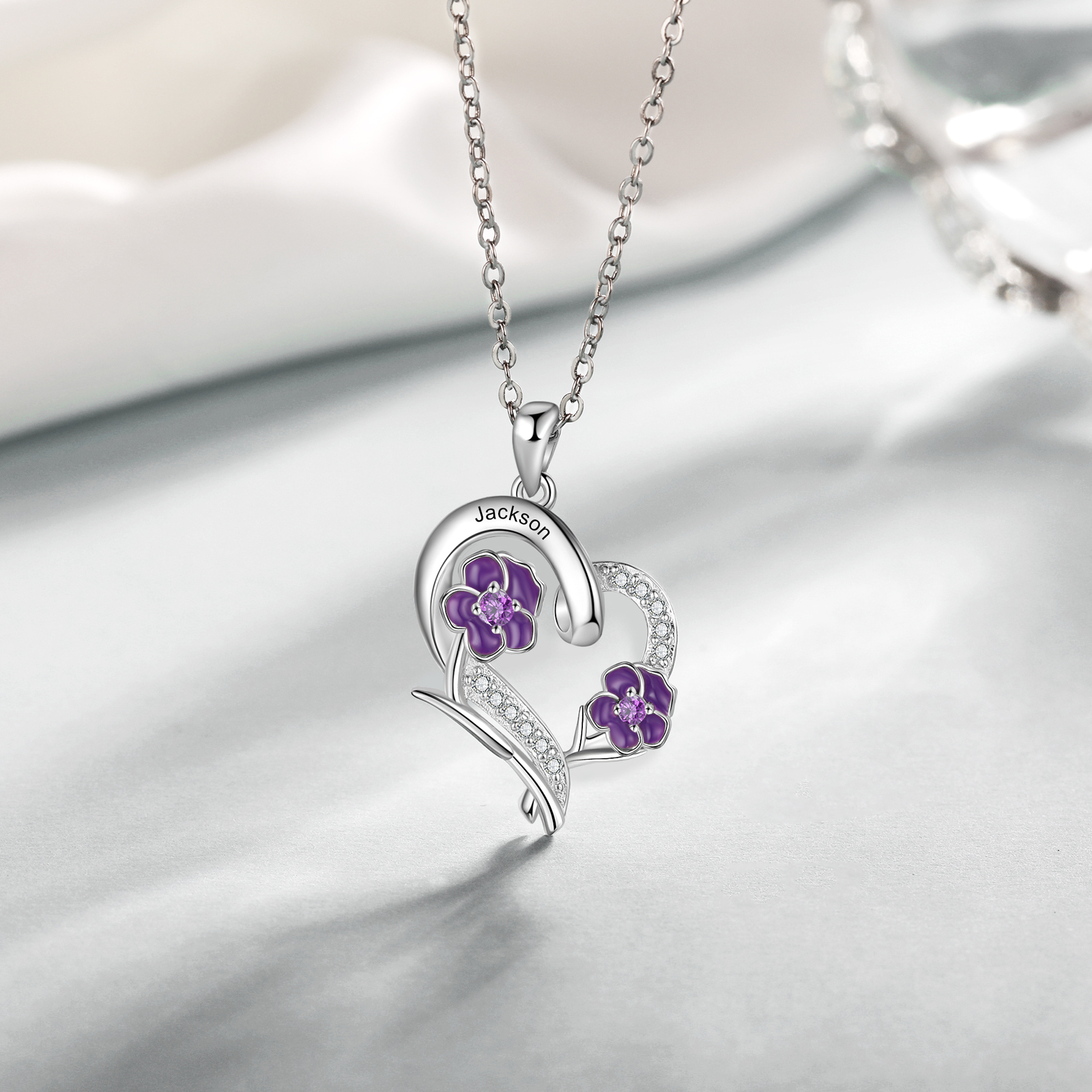 Personalised February Birthflower Necklace With Birthstones Custom 1 Name Necklace For Her-Jessemade AU
