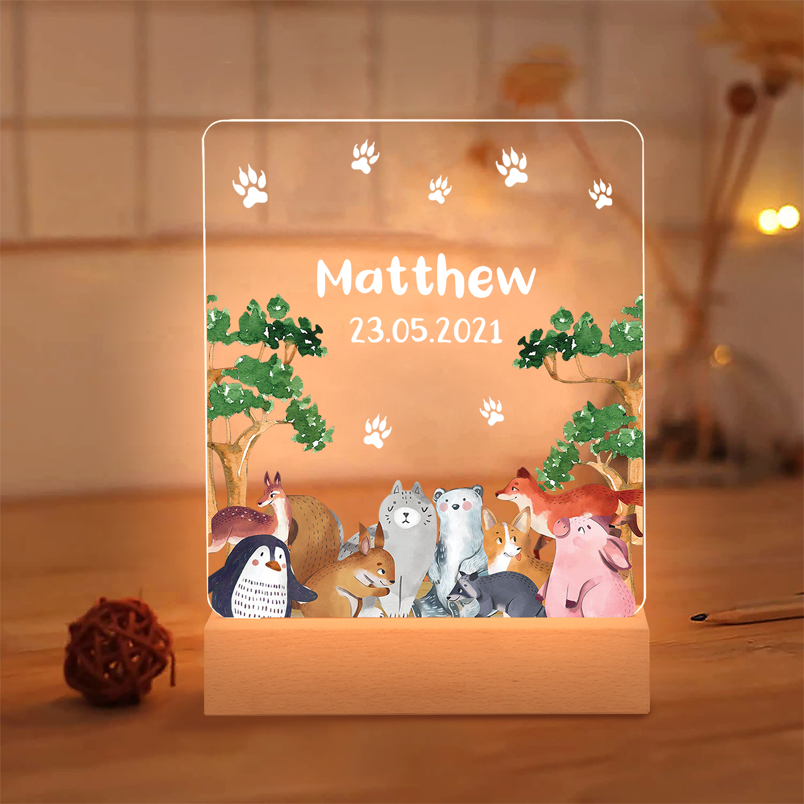 Personalised Name Night Light Animal Zoo Wood LED Night Light Custom Date Nursery Birthday Gifts For Kids-Jessemade AU