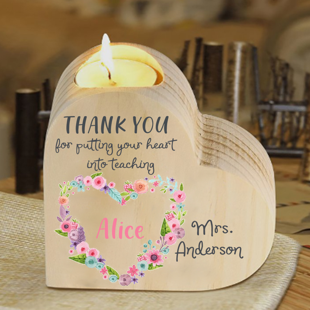 To My Teacher Candle Holder Custom 2 Names Wooden Candlestick Teachers' Day Gift - Thank You For Putting Your Heart Into Teaching-Jessemade AU