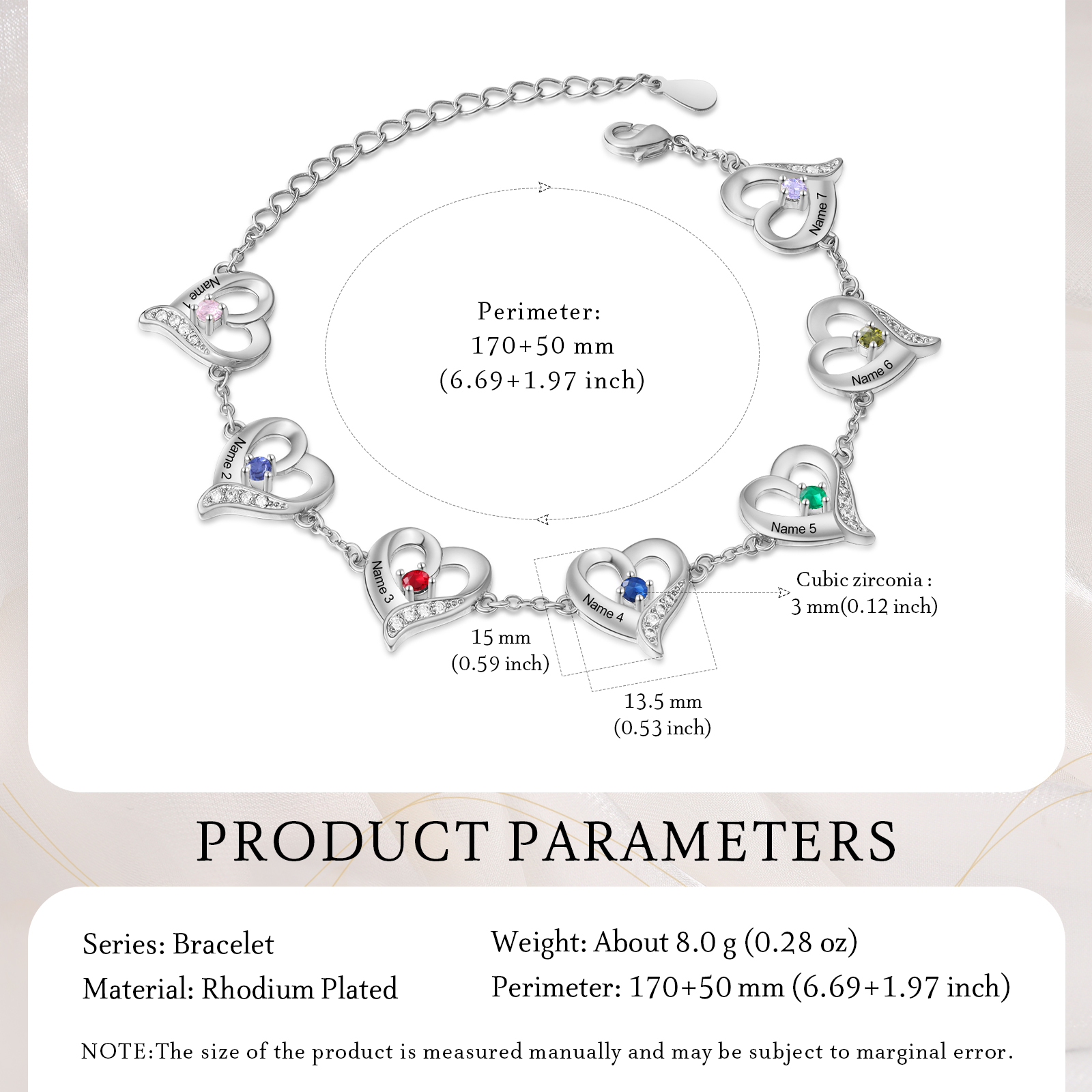 7 Names - Personalised Heart Bracelet Customised Names & Birthstones Bracelets Silver Valentine's Day Gift For Her-Jessemade AU