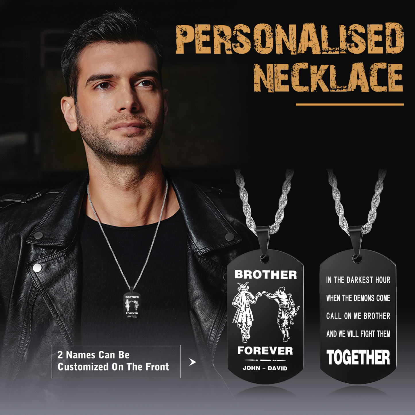 Brother Forever Dog Tag Necklace Personalised Black Double-sided Necklace Customised 2 Names Samurai Necklace Gift to Brother-Jessemade AU