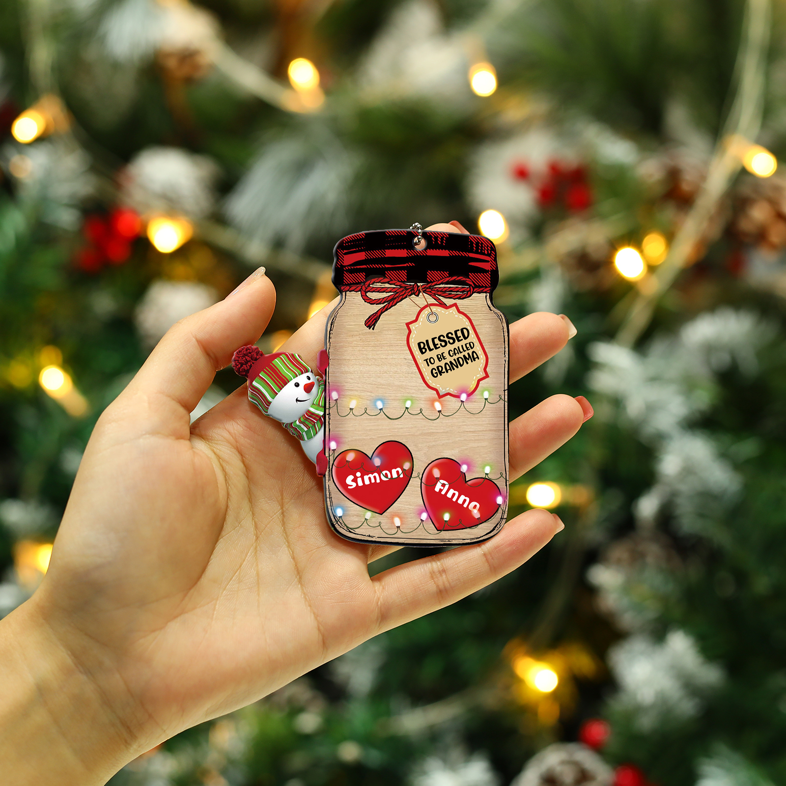 2 Names - Personalised Heart Christmas Ornament Customised Name & Text Acrylic Snowman Hanging Ornaments Jar Gift for Family-Jessemade AU