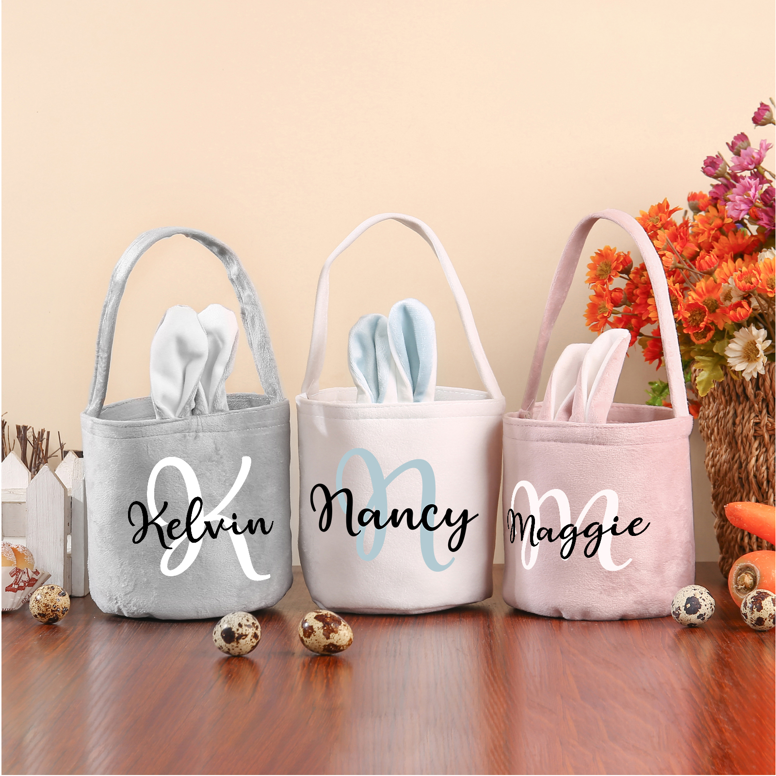 Personalised Bunny Tote Bag Customised with Name & Letter Bucket Bag Bunny Basket Easter Gifts-Jessemade AU