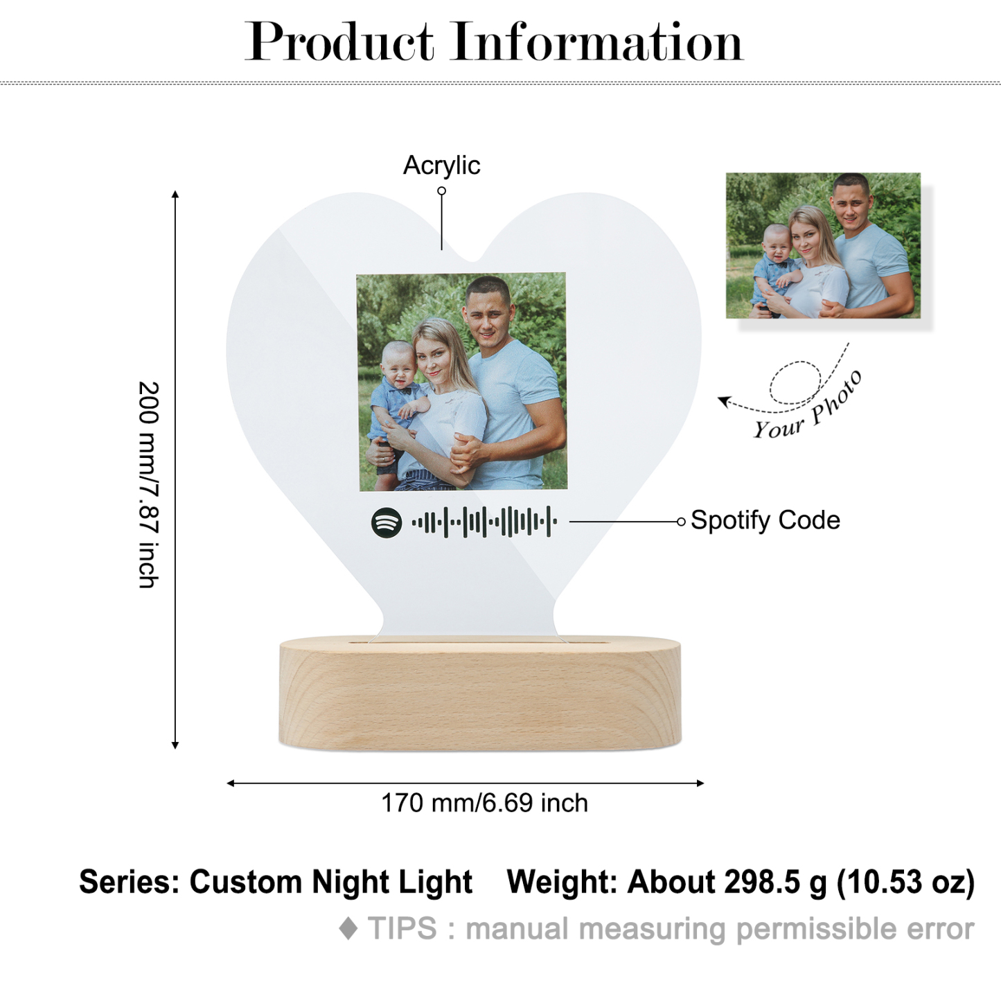 Personalised Spotify Code Photo Heart LED Night Light-Jessemade AU