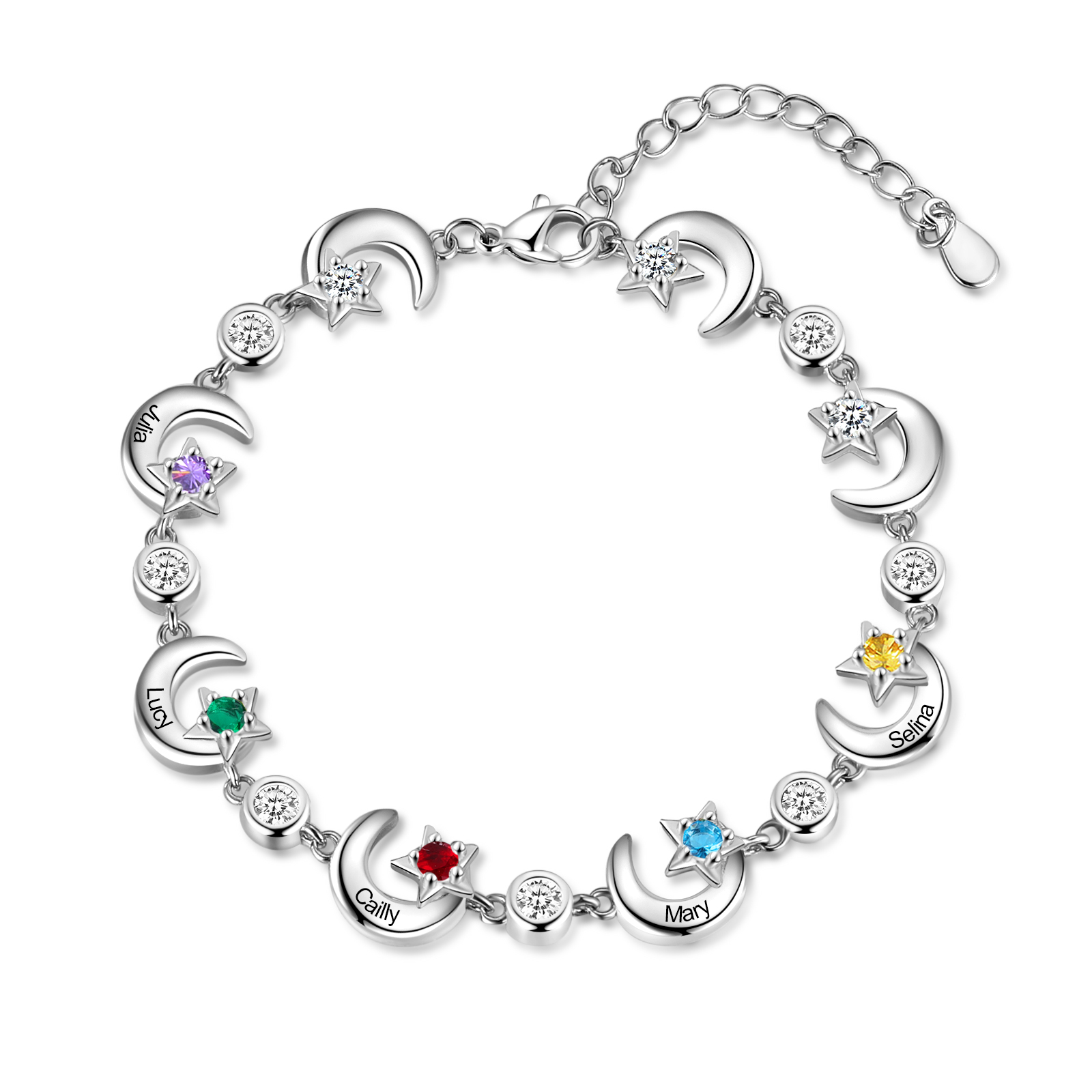 Personalised Moons And Stars Bracelet With 5 Birthstones Custom Names Bracelet Gift For Women-Jessemade AU