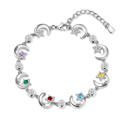 Personalised Moons And Stars Bracelet With 5 Birthstones Custom Names Bracelet Gift For Women-Jessemade AU