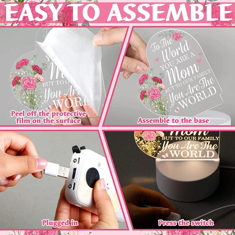 To My Mom- Carnation Flower Heart Night Light LED Lamp Bedroom Decoration For Mother-Jessemade AU