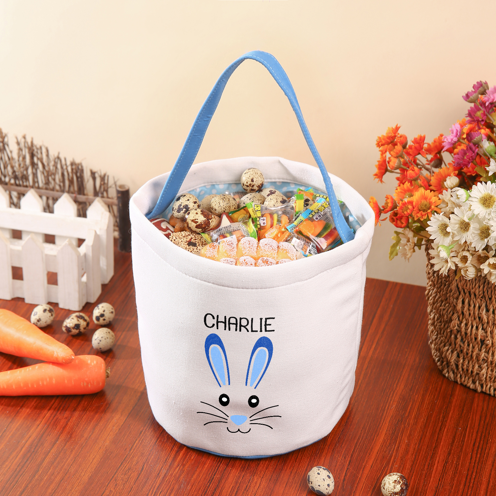 Easter Bunny Tote Bag Personalised Name Bucket Bag White Basket Gifts For Kids-Jessemade AU