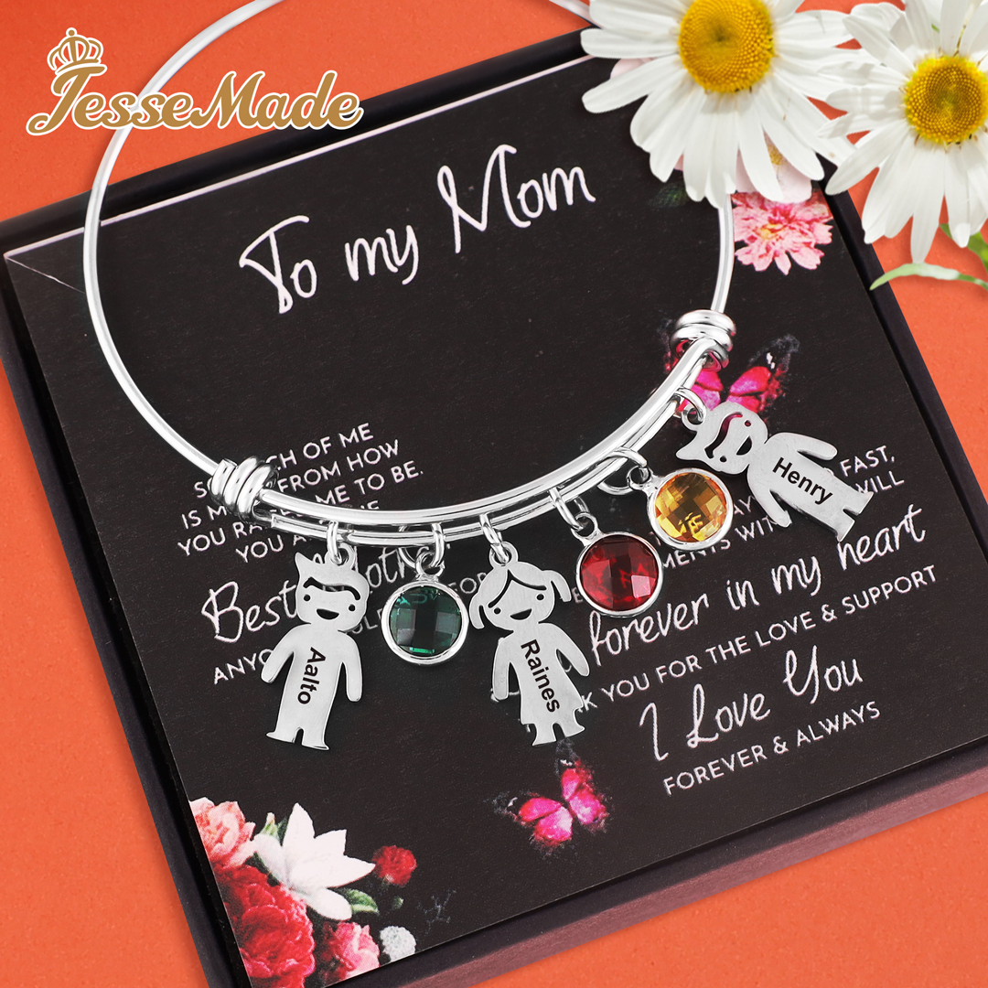 Personalised Kid Charms Bangle Bracelet With Names Customised 4 Birthstones Gift for Her-Jessemade AU